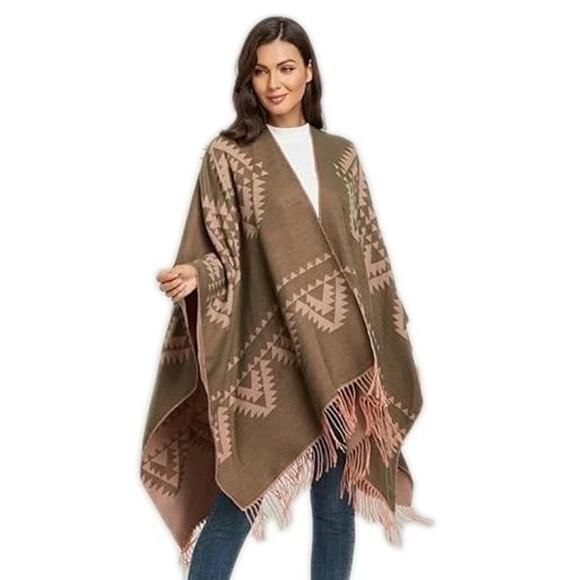 Reversible Aztec Cape Western Southwestern One Size Fits All Khaki Green Soft - Picture 3 of 16